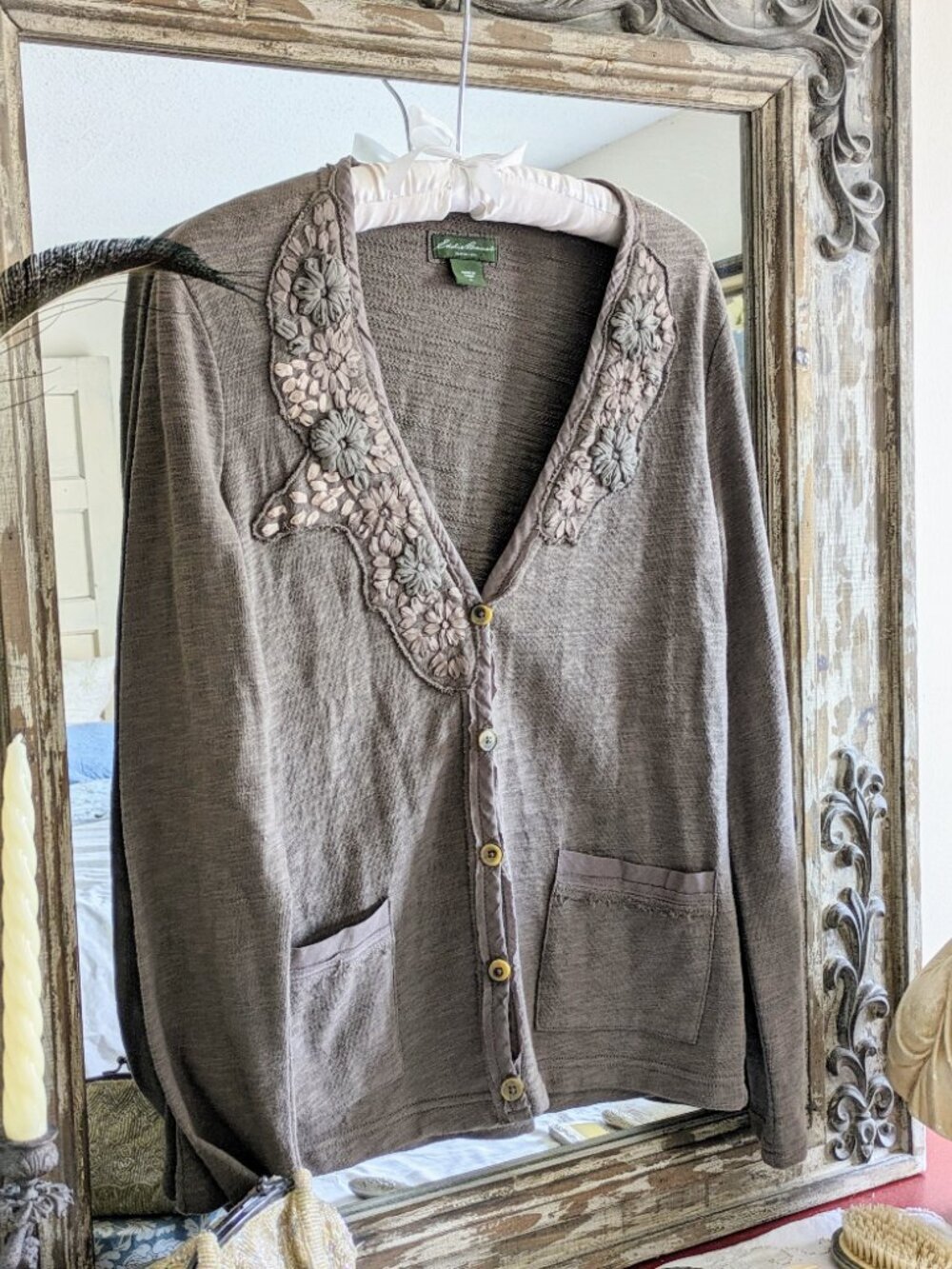 Eddie Bauer Mushroom Brown Cardigan M Cotton Ribbonwork Embroidery Fairycore